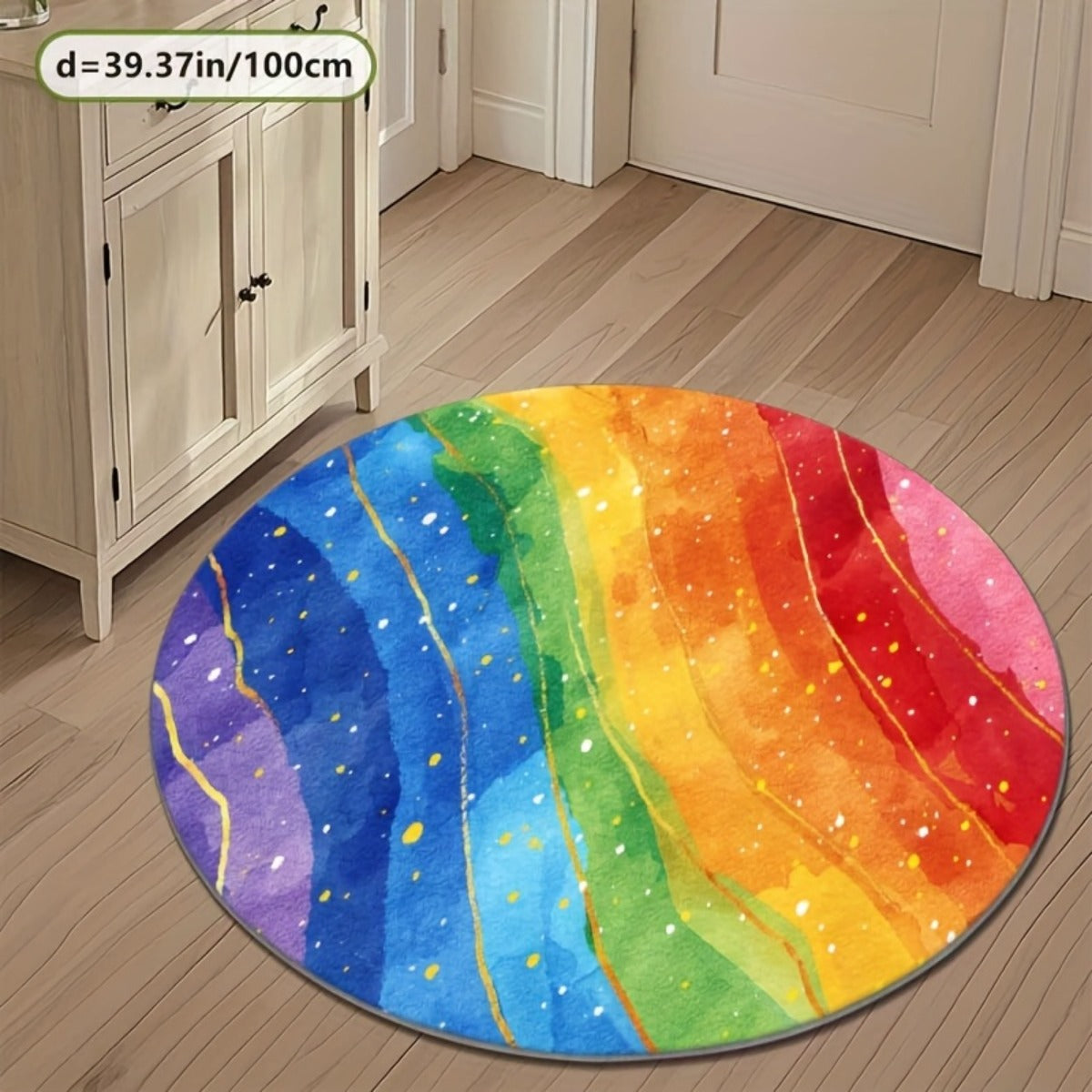 Tapis rond arc-en-ciel aquarellé veiné de lignes dorées