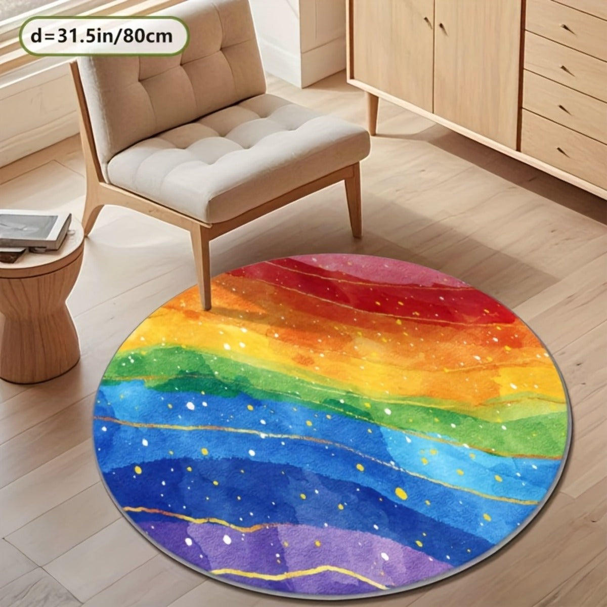 Tapis rond arc-en-ciel aquarellé veiné de lignes dorées