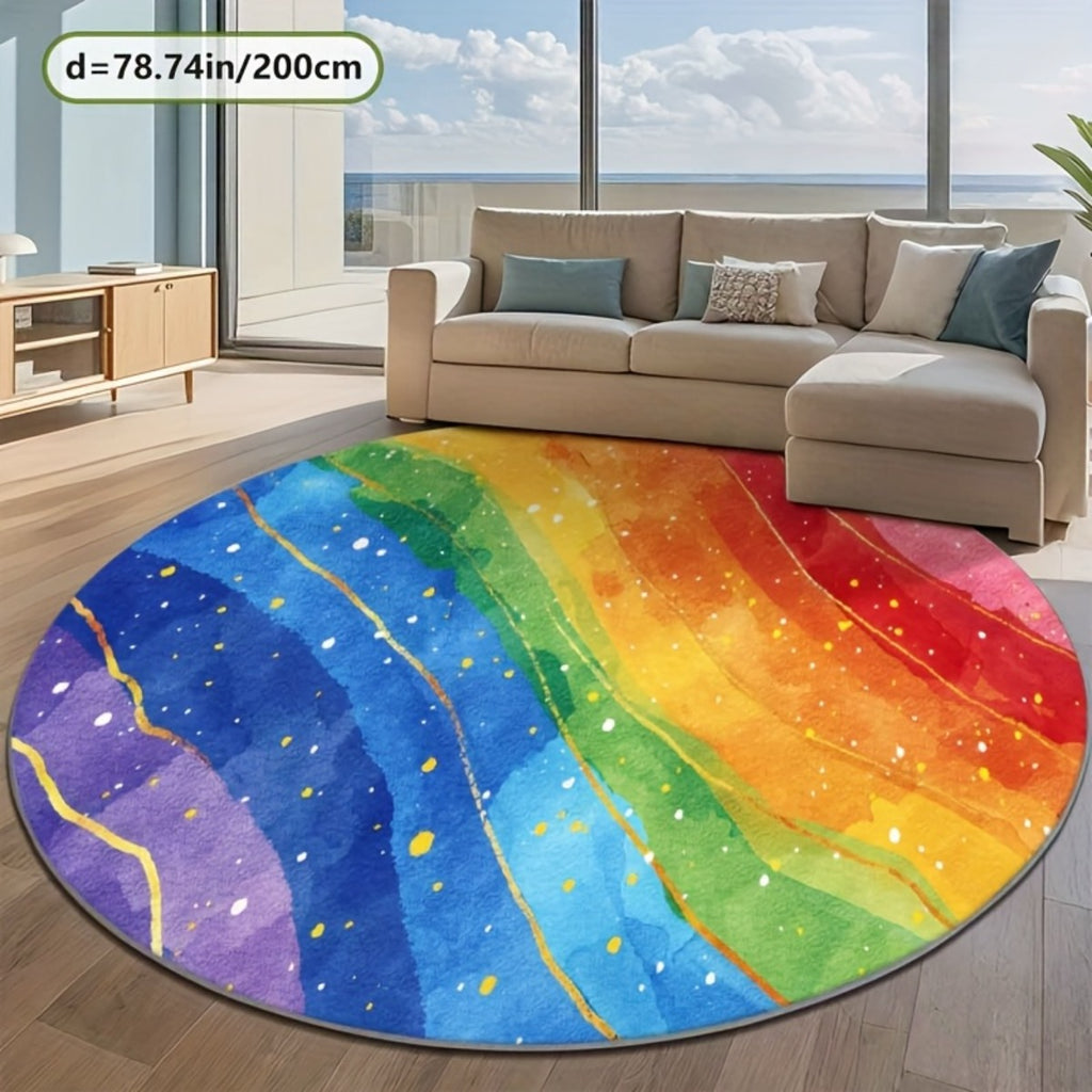 Tapis rond arc-en-ciel aquarellé veiné de lignes dorées