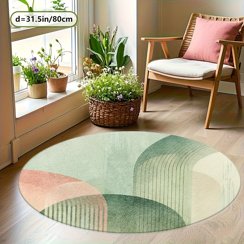 Tapis rond vert sauge à arches et rose poudré, Ø 160-200