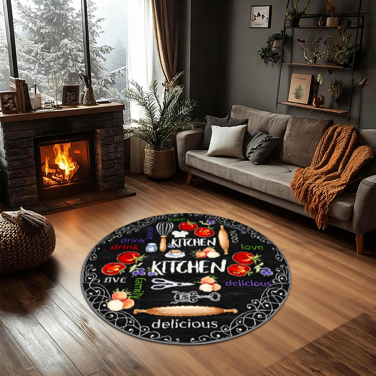 Tapis rond ardoise à tomates peintes et bordure ornementale