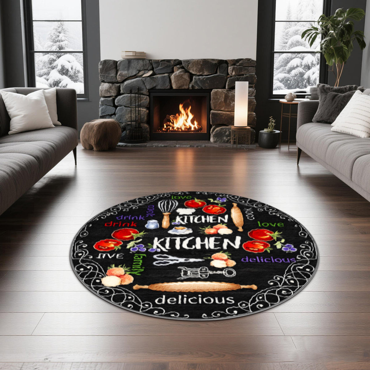 Tapis rond ardoise à tomates peintes et bordure ornementale