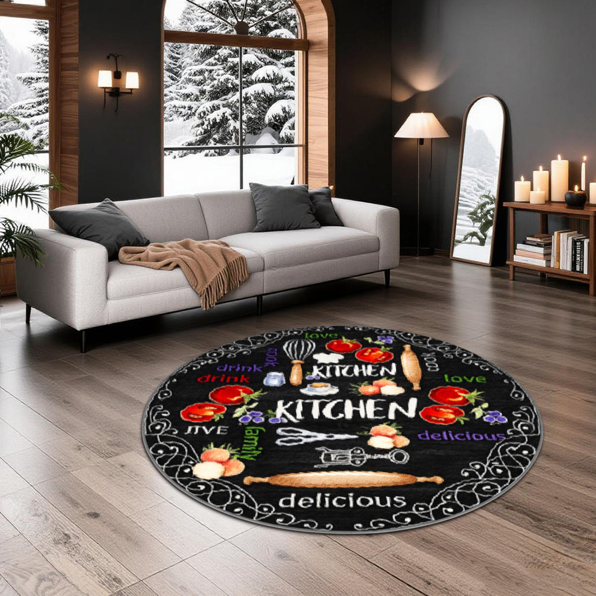 Tapis rond ardoise à tomates peintes et bordure ornementale