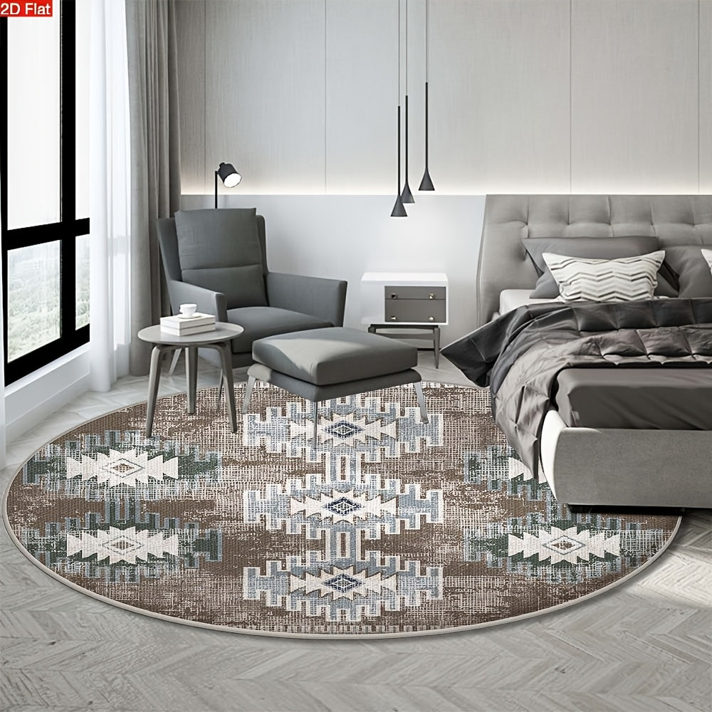 Tapis rond aztèque brun délavé et bleu givré, Ø 80 à 180 cm