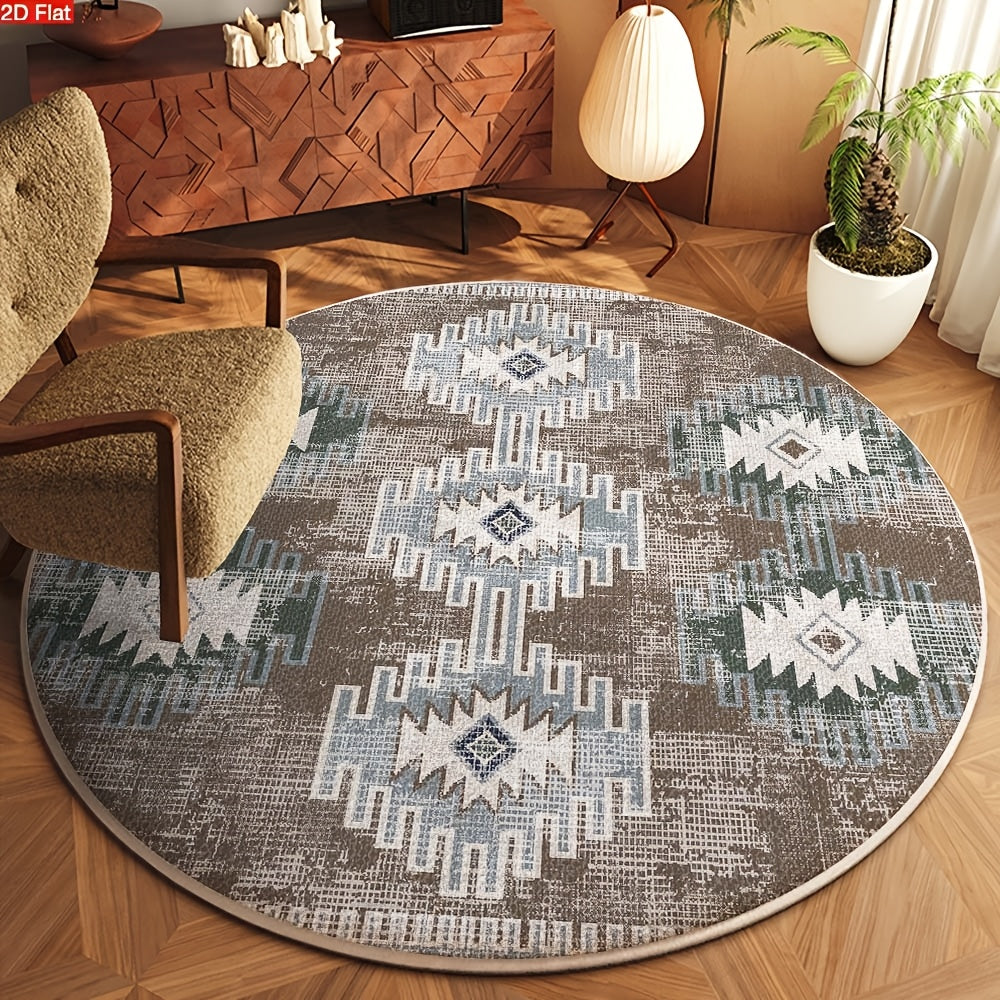 Tapis rond aztèque brun délavé et bleu givré, Ø 80 à 180 cm