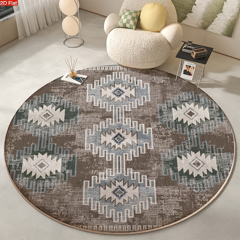 Tapis rond aztèque brun délavé et bleu givré, Ø 80 à 180 cm