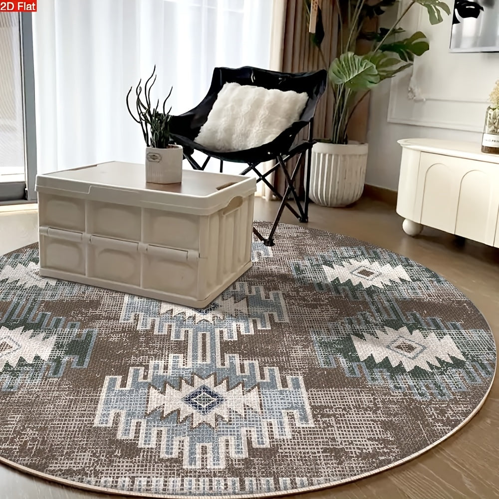 Tapis rond aztèque brun délavé et bleu givré, Ø 80 à 180 cm