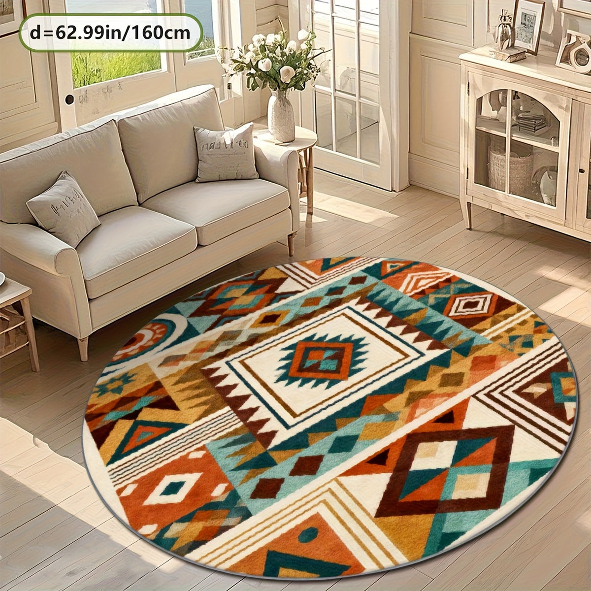 Tapis rond aztèque turquoise et terre cuite, Ø 100 ou 200 cm