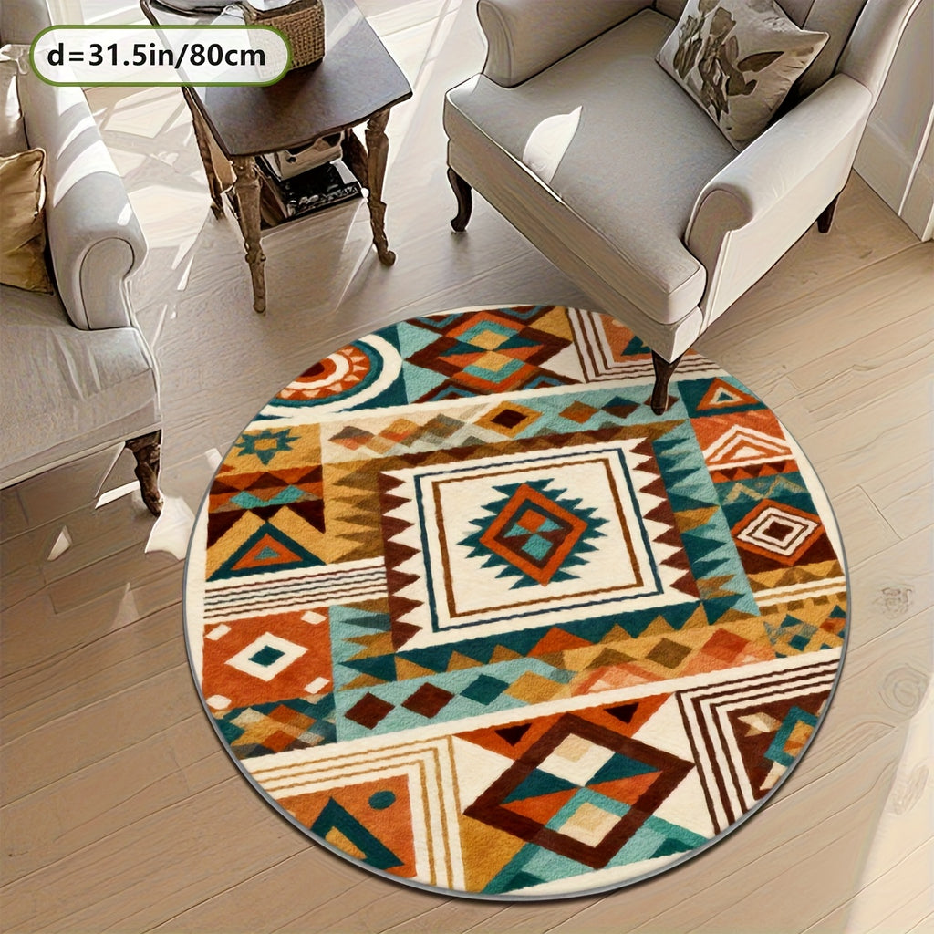 Tapis rond aztèque turquoise et terre cuite, Ø 100 ou 200 cm