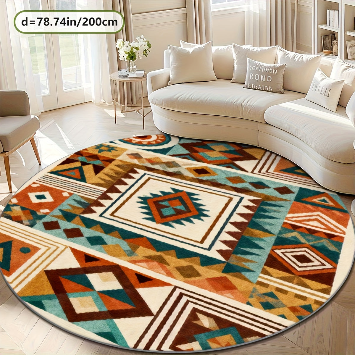 Tapis rond aztèque turquoise et terre cuite, Ø 100 ou 200 cm