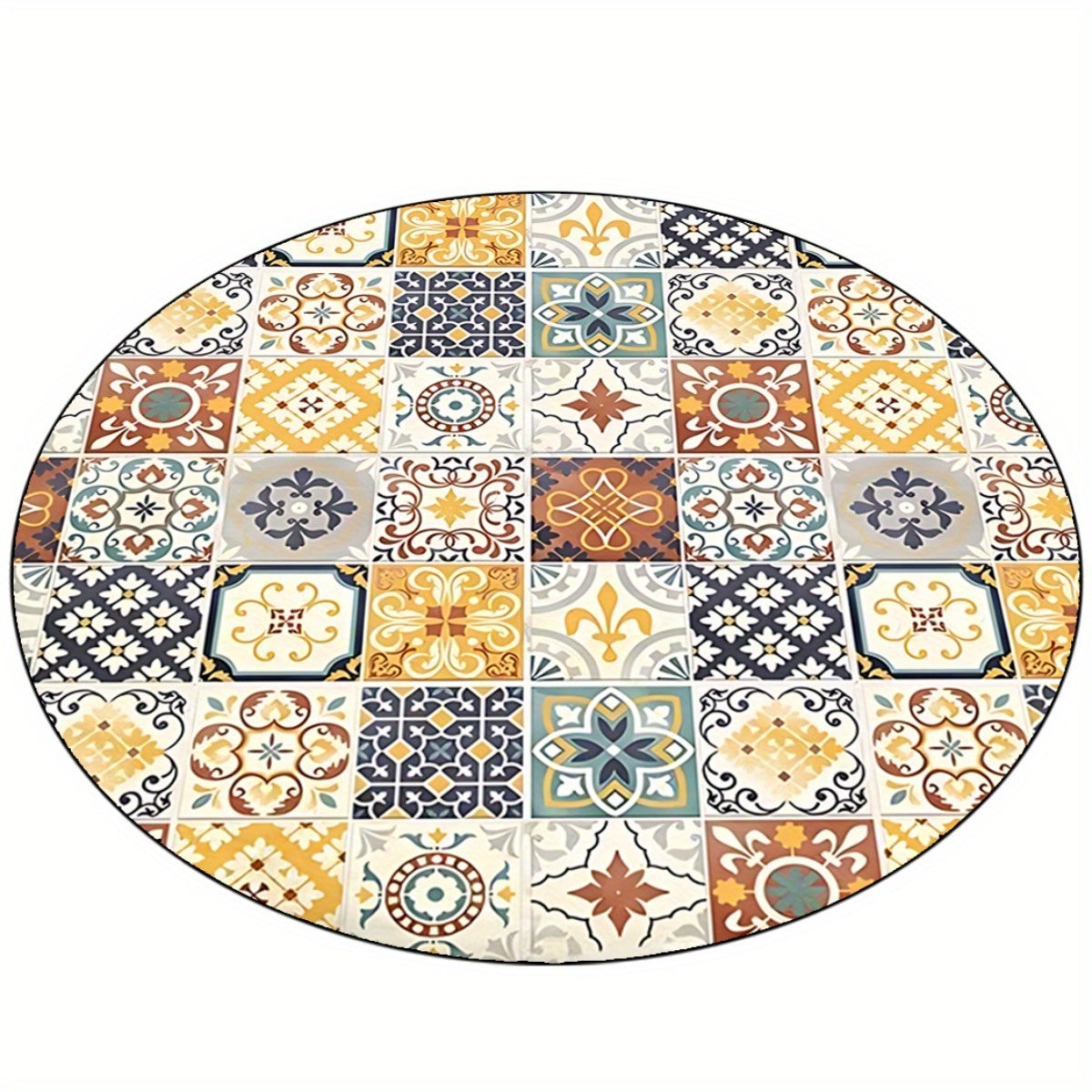 Tapis rond carreaux de ciment ivoire, ocre et bleu marine