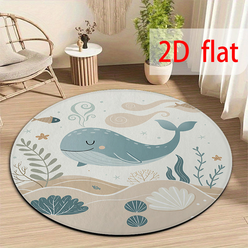 Tapis rond baleine sur fond de dunes beiges et de coraux