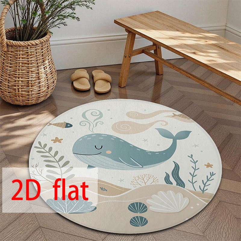Tapis rond baleine sur fond de dunes beiges et de coraux