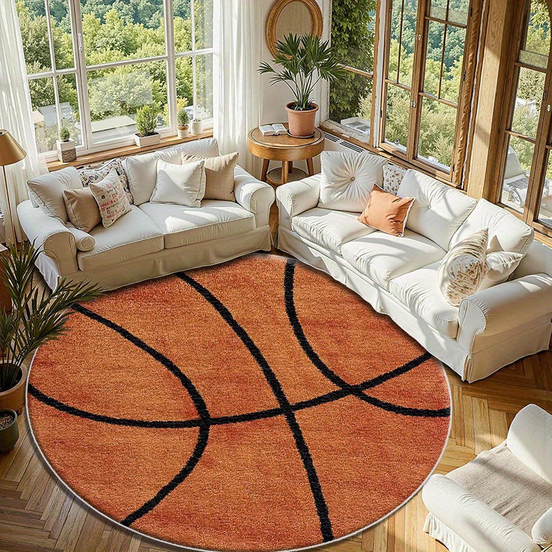Tapis rond ballon de basket terracotta, poils ras lavable