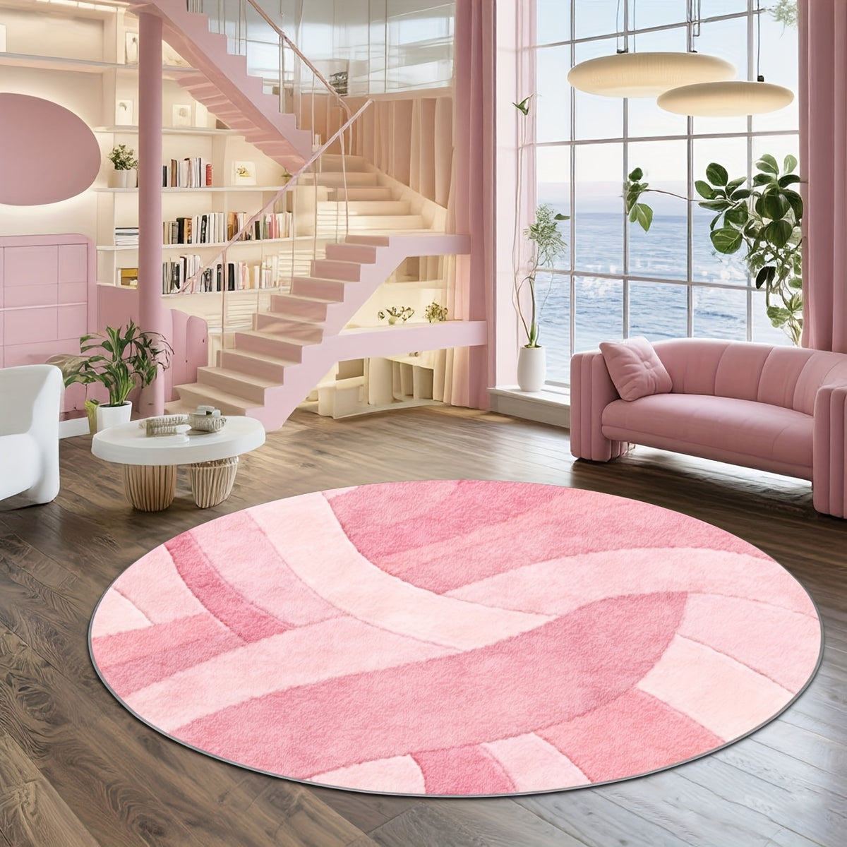 Tapis rond à vagues roses, grand format Ø 200 cm unique