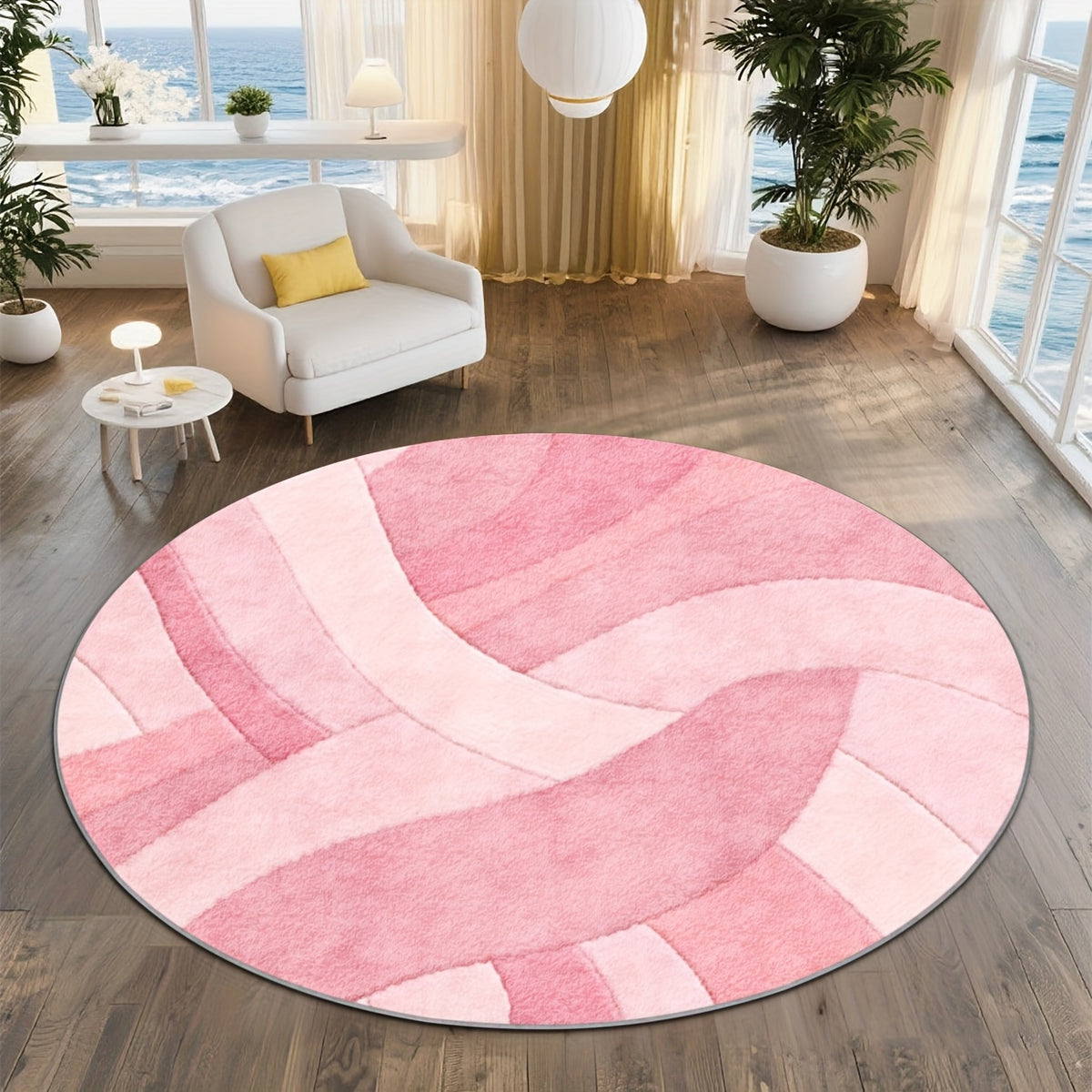 Tapis rond à vagues roses, grand format Ø 200 cm unique