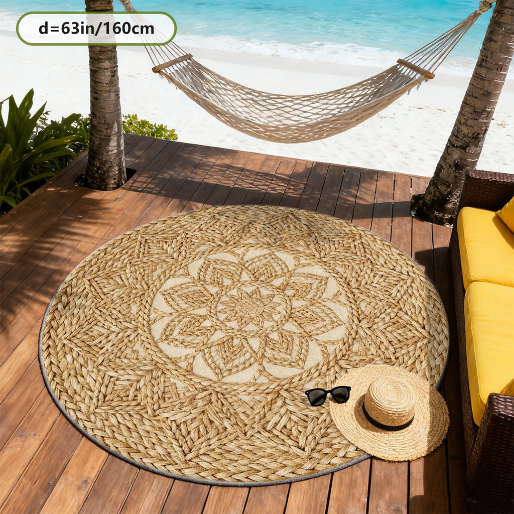 Tapis rond beige Ø 200 cm, fleur de lotus tressée imprimée