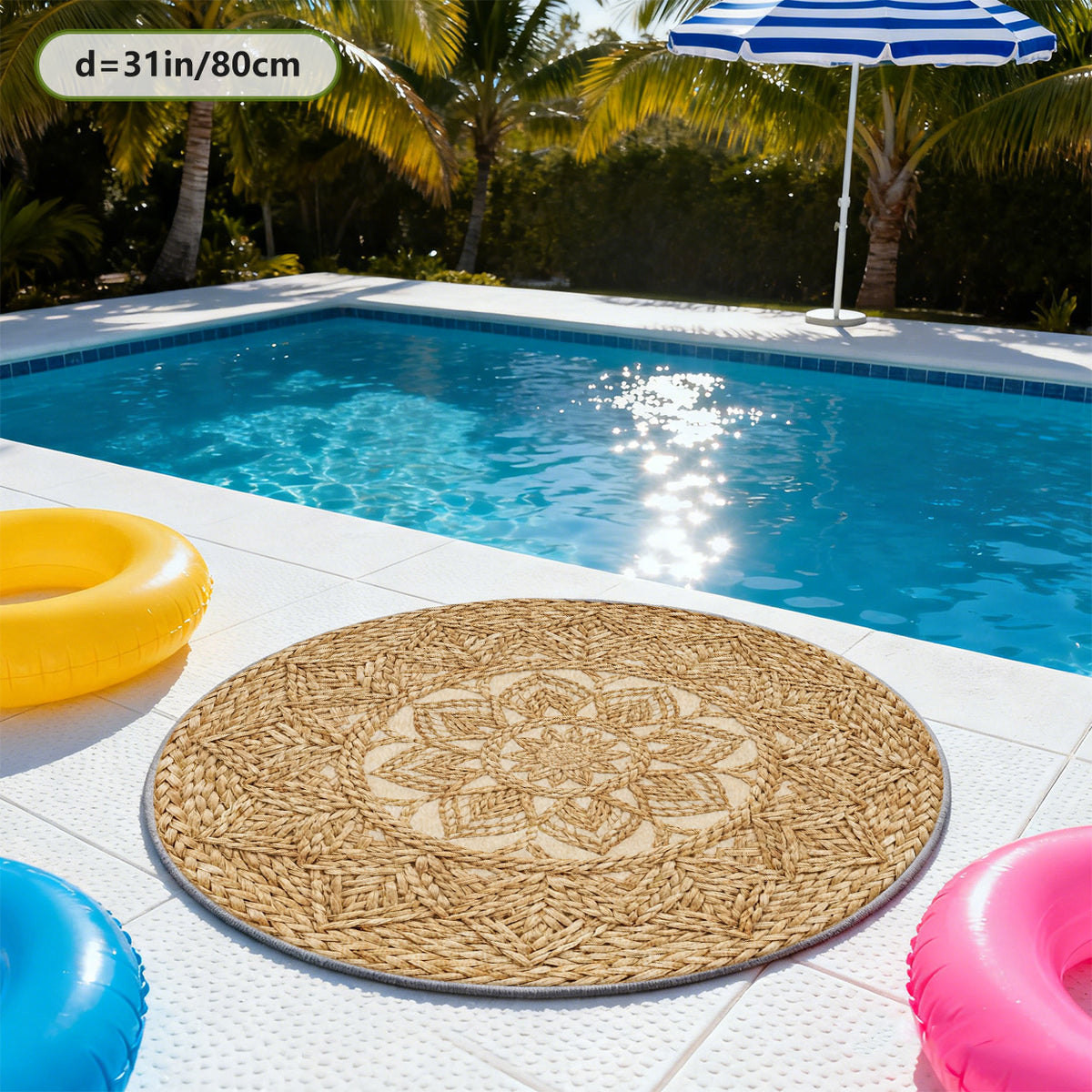 Tapis rond beige Ø 200 cm, fleur de lotus tressée imprimée