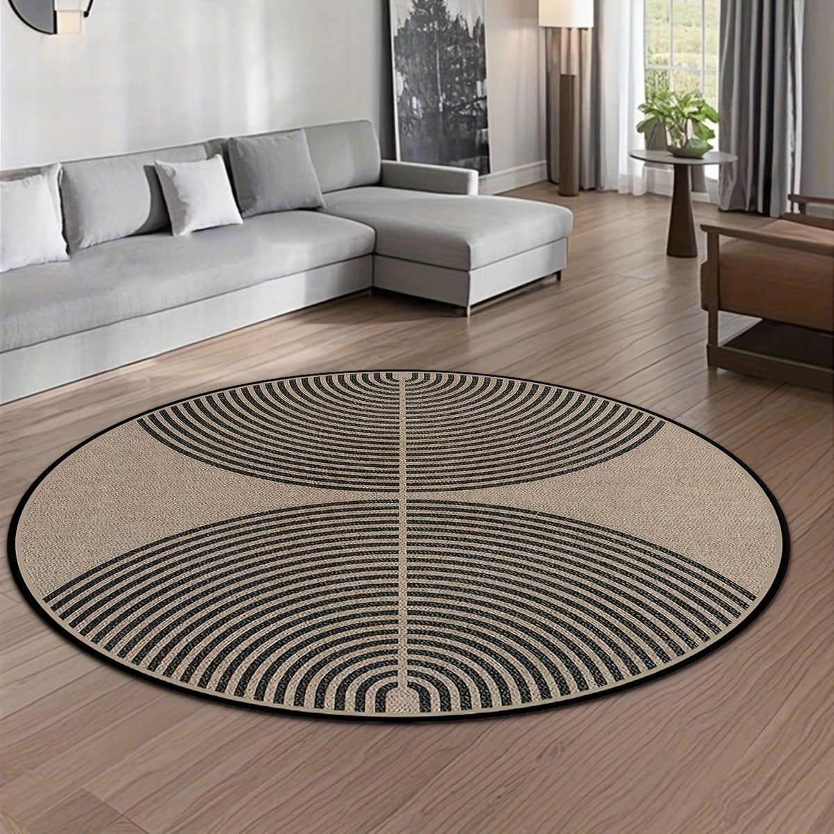 Tapis rond beige à grands arceaux noirs, effet fibre tissée