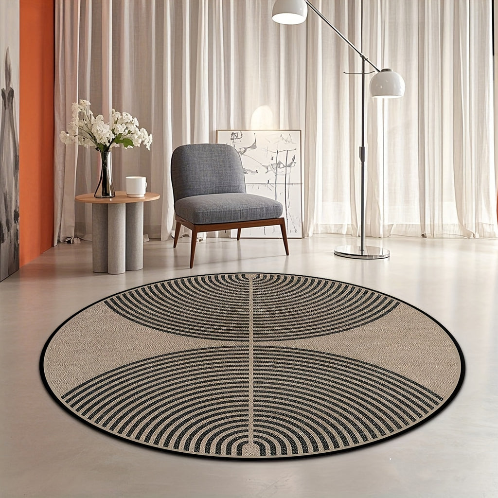 Tapis rond beige à grands arceaux noirs, effet fibre tissée