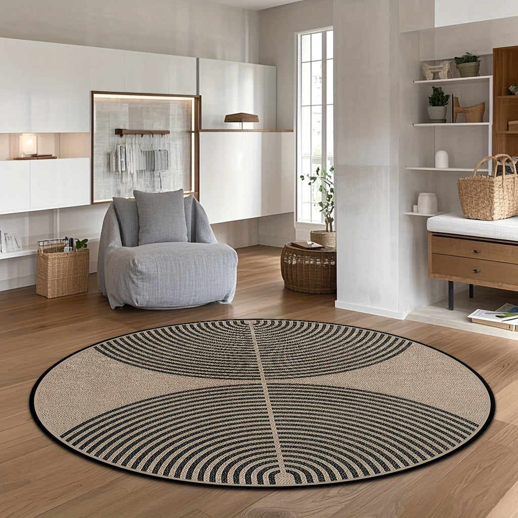 Tapis rond beige à grands arceaux noirs, effet fibre tissée