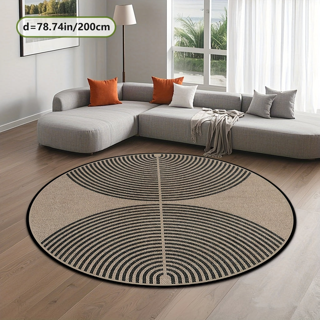 Tapis rond beige à grands arceaux noirs, effet fibre tissée