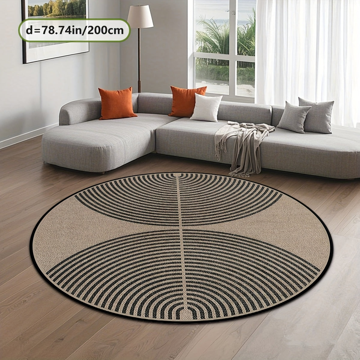 Tapis rond beige à grands arceaux noirs, effet fibre tissée