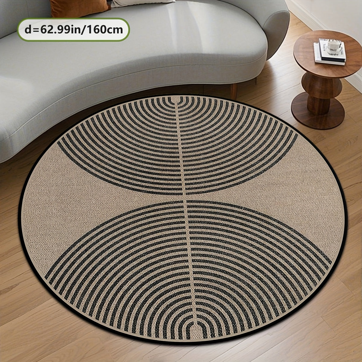 Tapis rond beige à grands arceaux noirs, effet fibre tissée