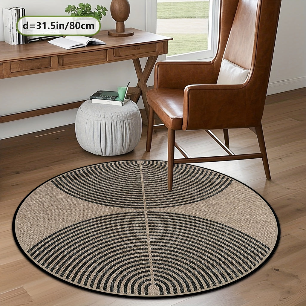 Tapis rond beige à grands arceaux noirs, effet fibre tissée