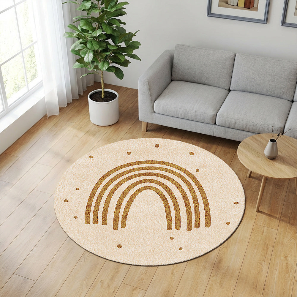 Tapis rond beige à grande arche bohème ocre, dos à points