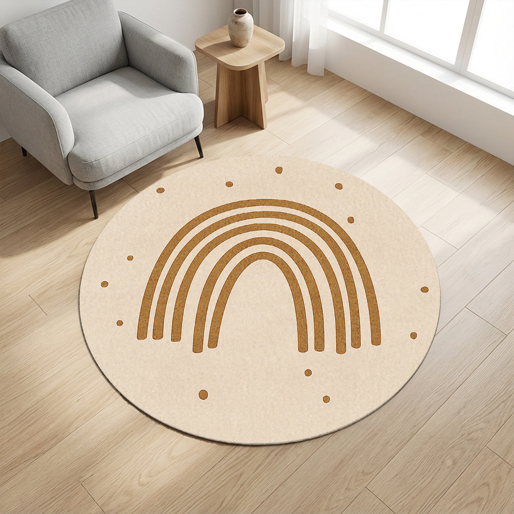 Tapis rond beige à grande arche bohème ocre, dos à points