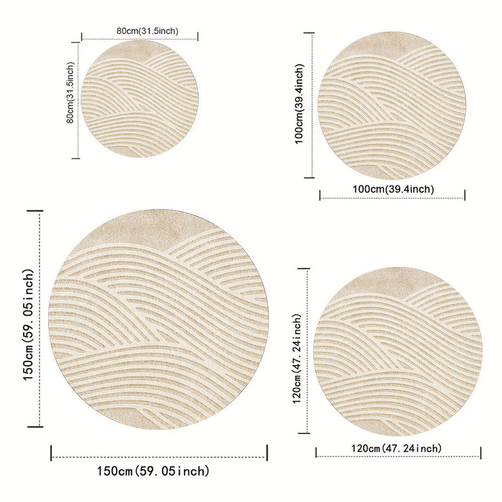 Tapis rond beige aux arcs de sable ratissé, cinq diamètres