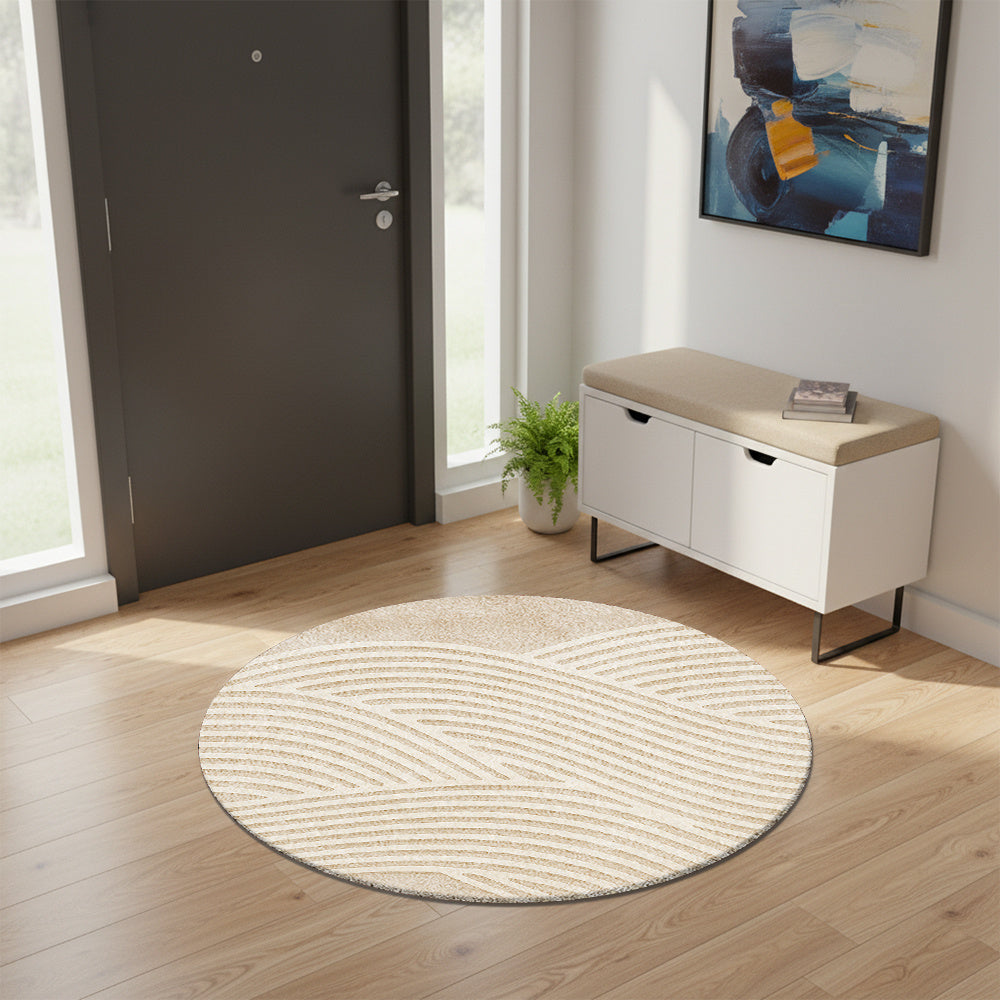 Tapis rond beige aux arcs de sable ratissé, cinq diamètres