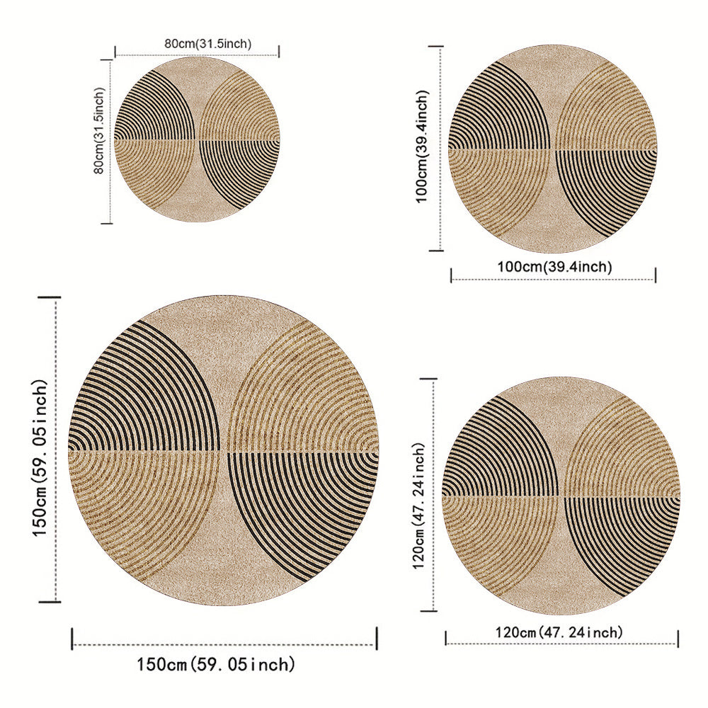 Tapis rond beige à arcs rayés noir et camel, 3 diamètres