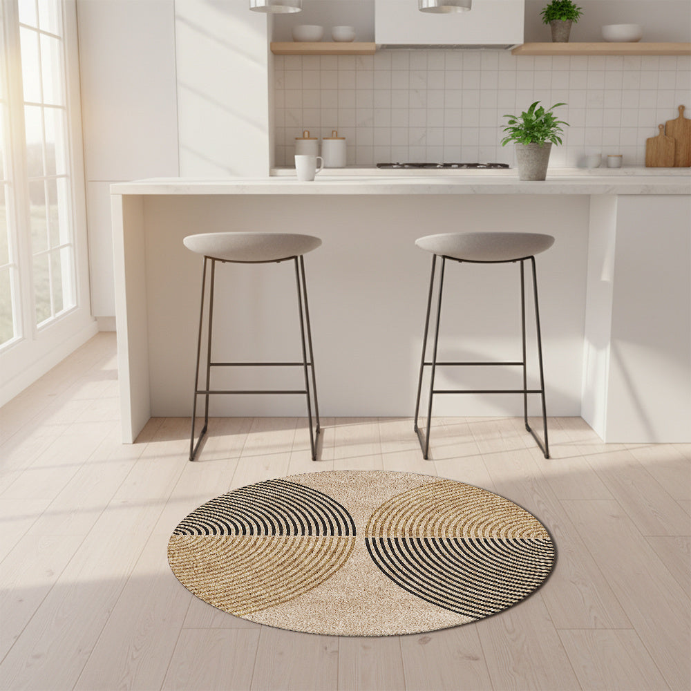 Tapis rond beige à arcs rayés noir et camel, 3 diamètres