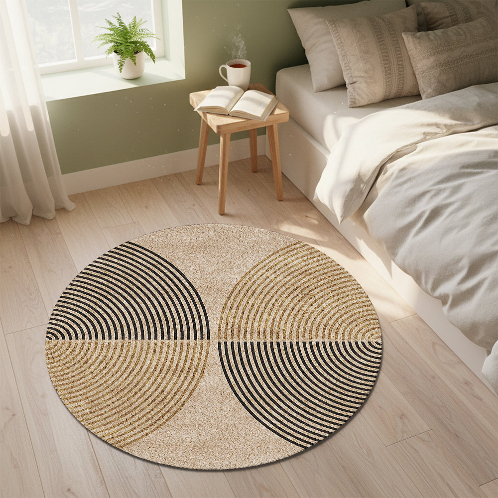 Tapis rond beige à arcs rayés noir et camel, 3 diamètres