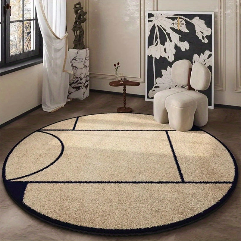Tapis rond beige et bleu nuit, galets ou lignes au choix