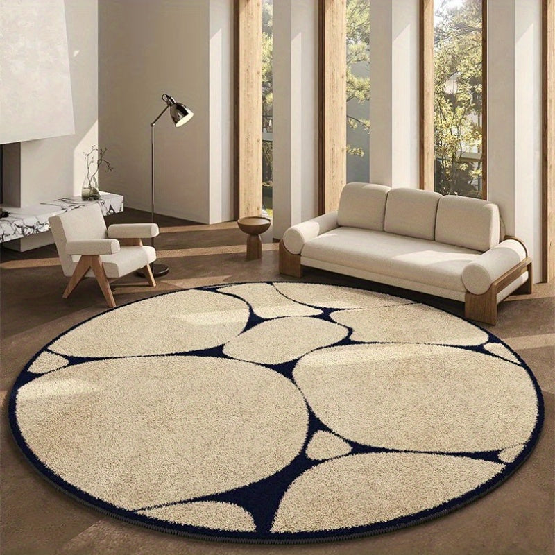 Tapis rond beige et bleu nuit, galets ou lignes au choix