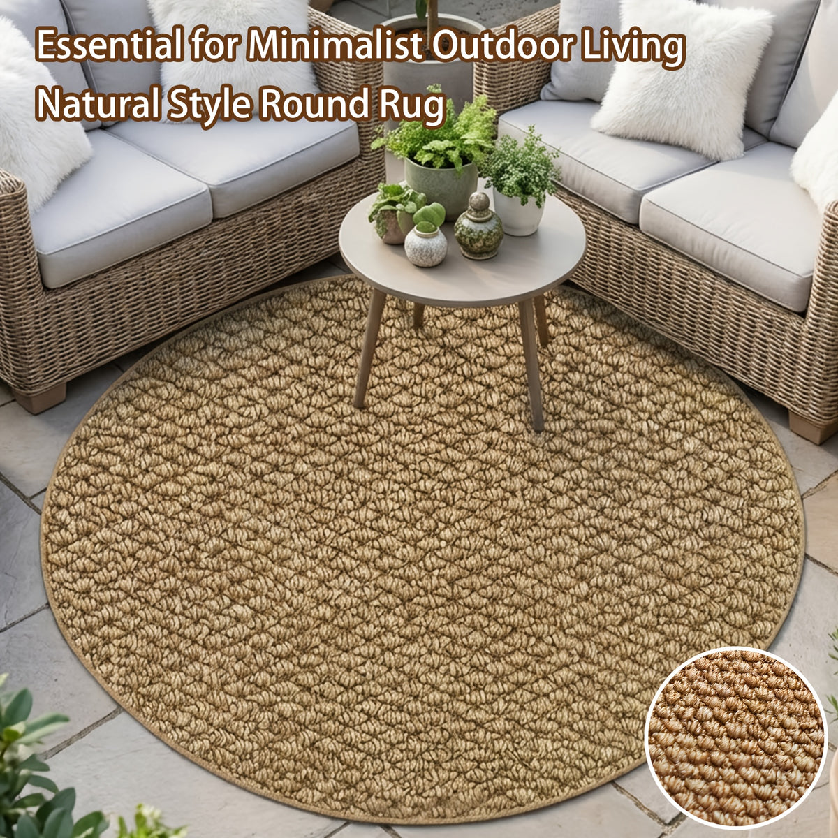 Tapis rond beige camel, boucle courte de 7 mm et dos PVC