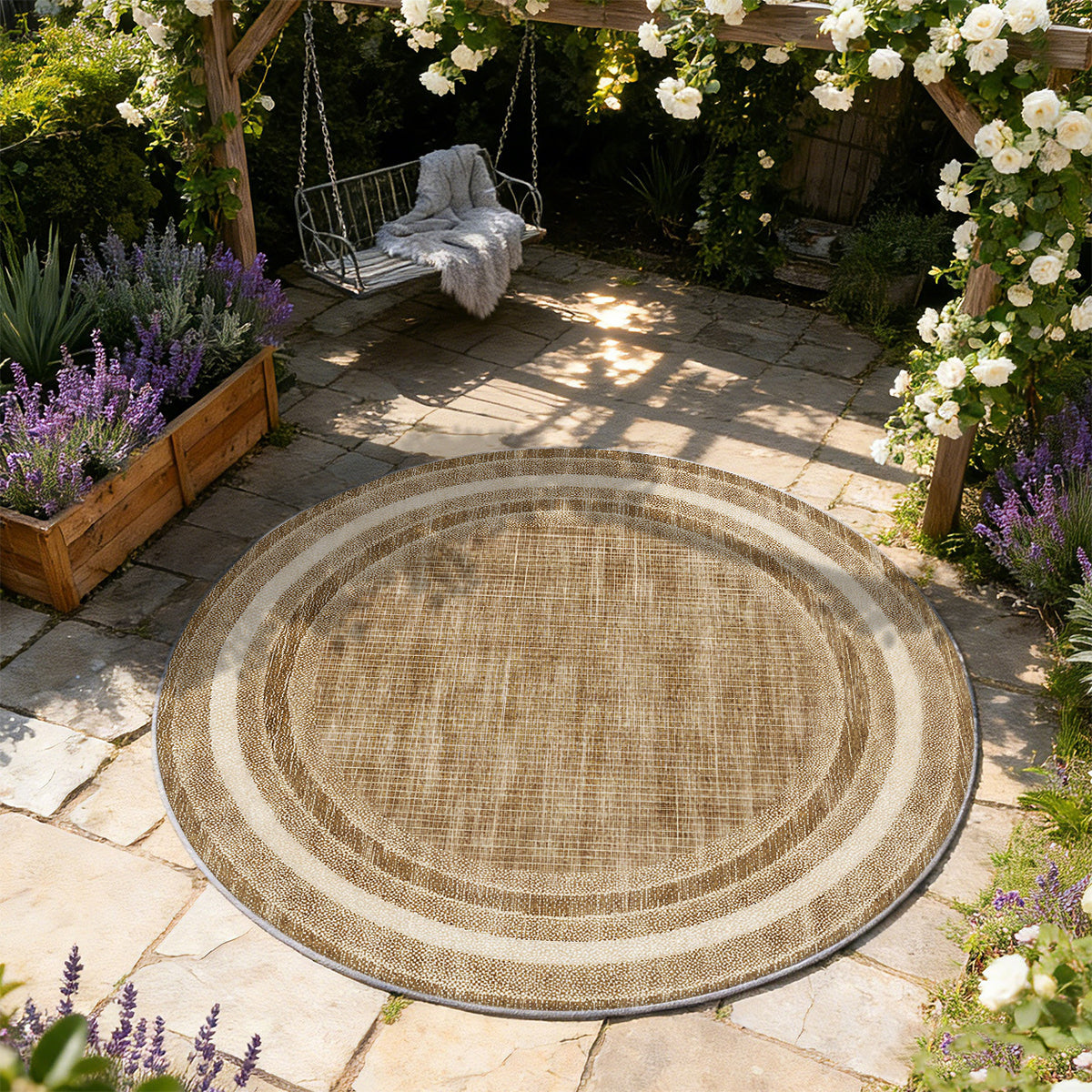 Tapis rond beige et brun à larges bandes concentriques, Ø 80 cm