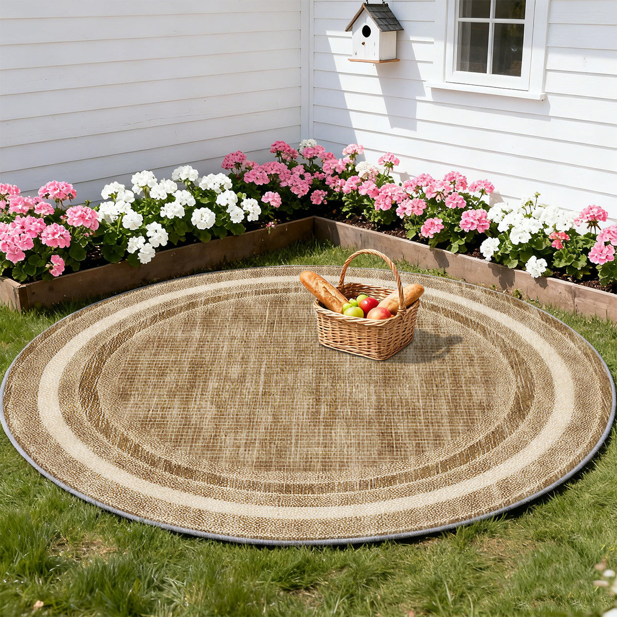 Tapis rond beige et brun à larges bandes concentriques, Ø 80 cm