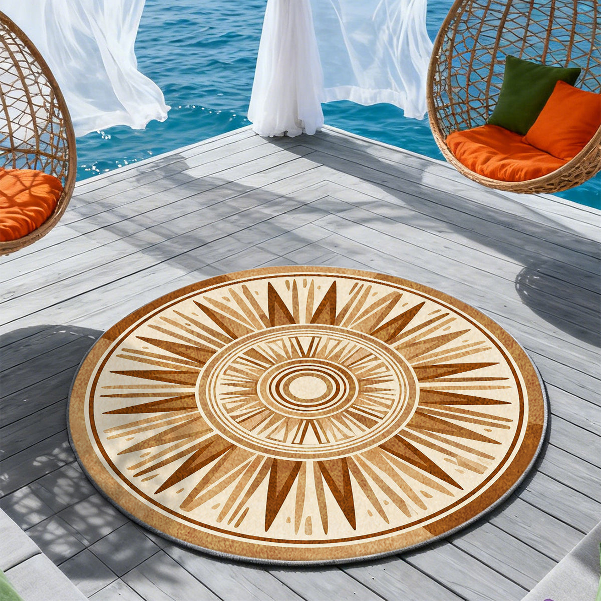 Tapis rond beige et brun à rosace solaire en longues pointes