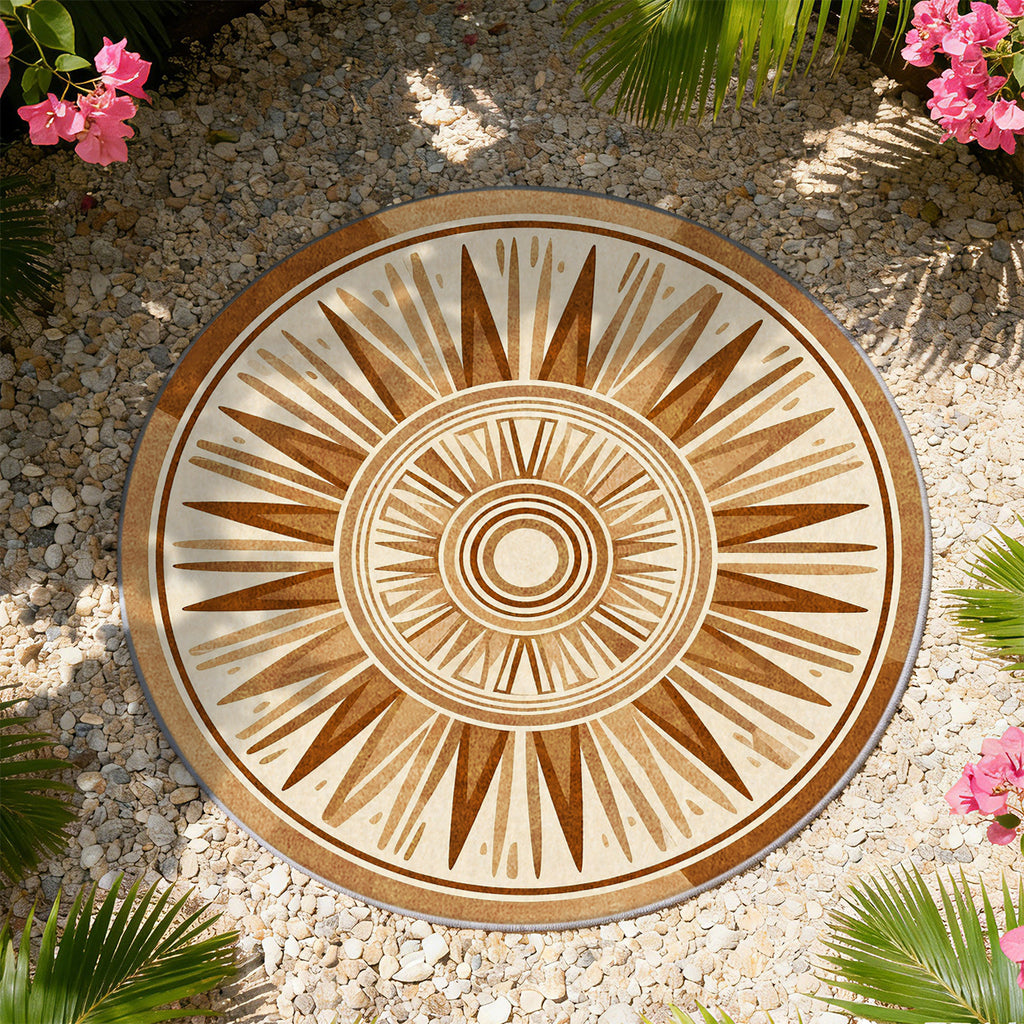 Tapis rond beige et brun à rosace solaire en longues pointes