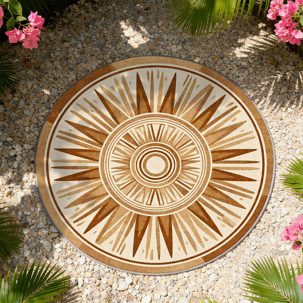 Tapis rond beige et brun à rosace solaire en longues pointes
