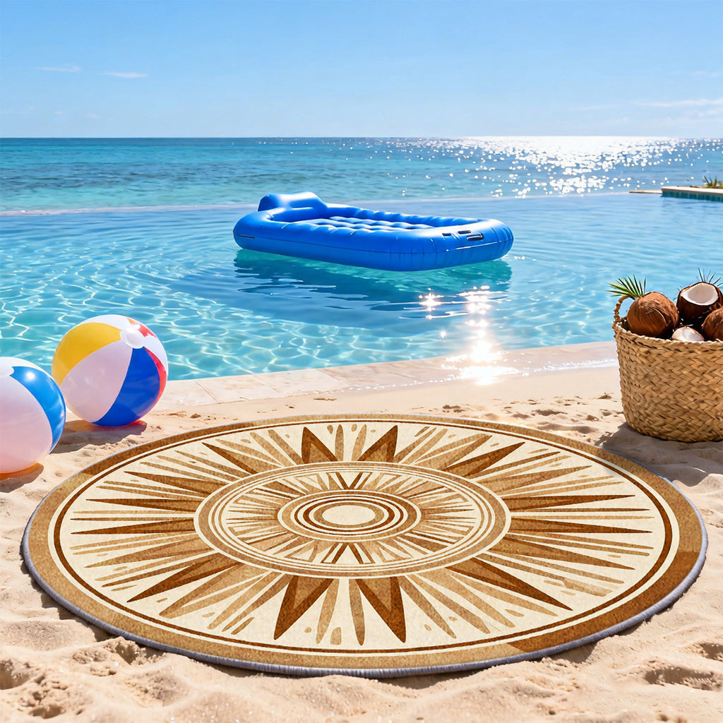 Tapis rond beige et brun à rosace solaire en longues pointes