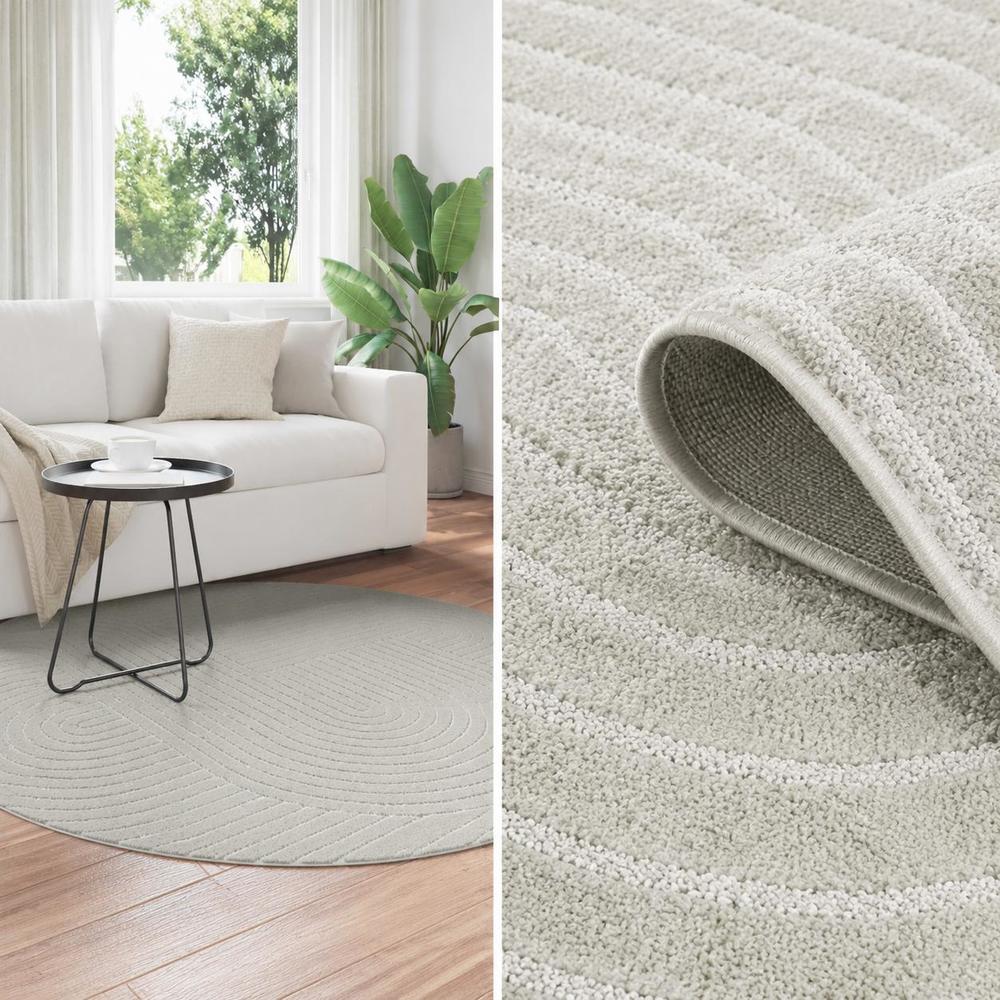 Tapis rond beige clair à arcs en relief, lavable en machine