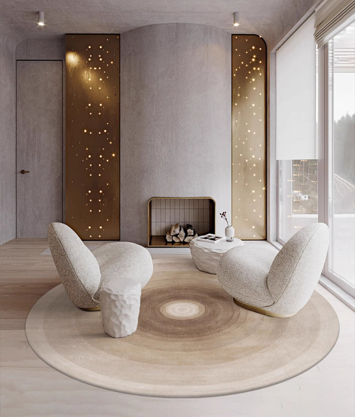 Tapis rond beige à dégradé concentrique en Ø 140 cm unique