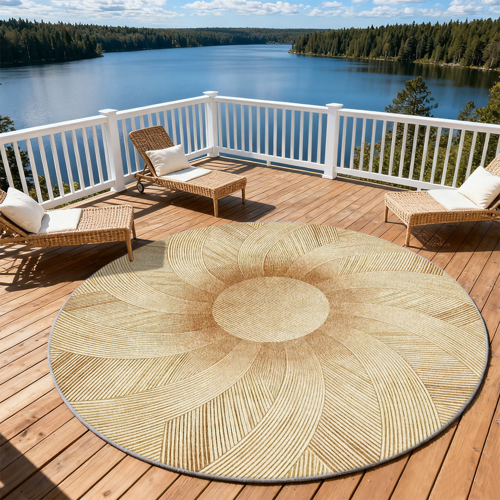 Tapis rond beige et doré à douze grands pétales rayonnants