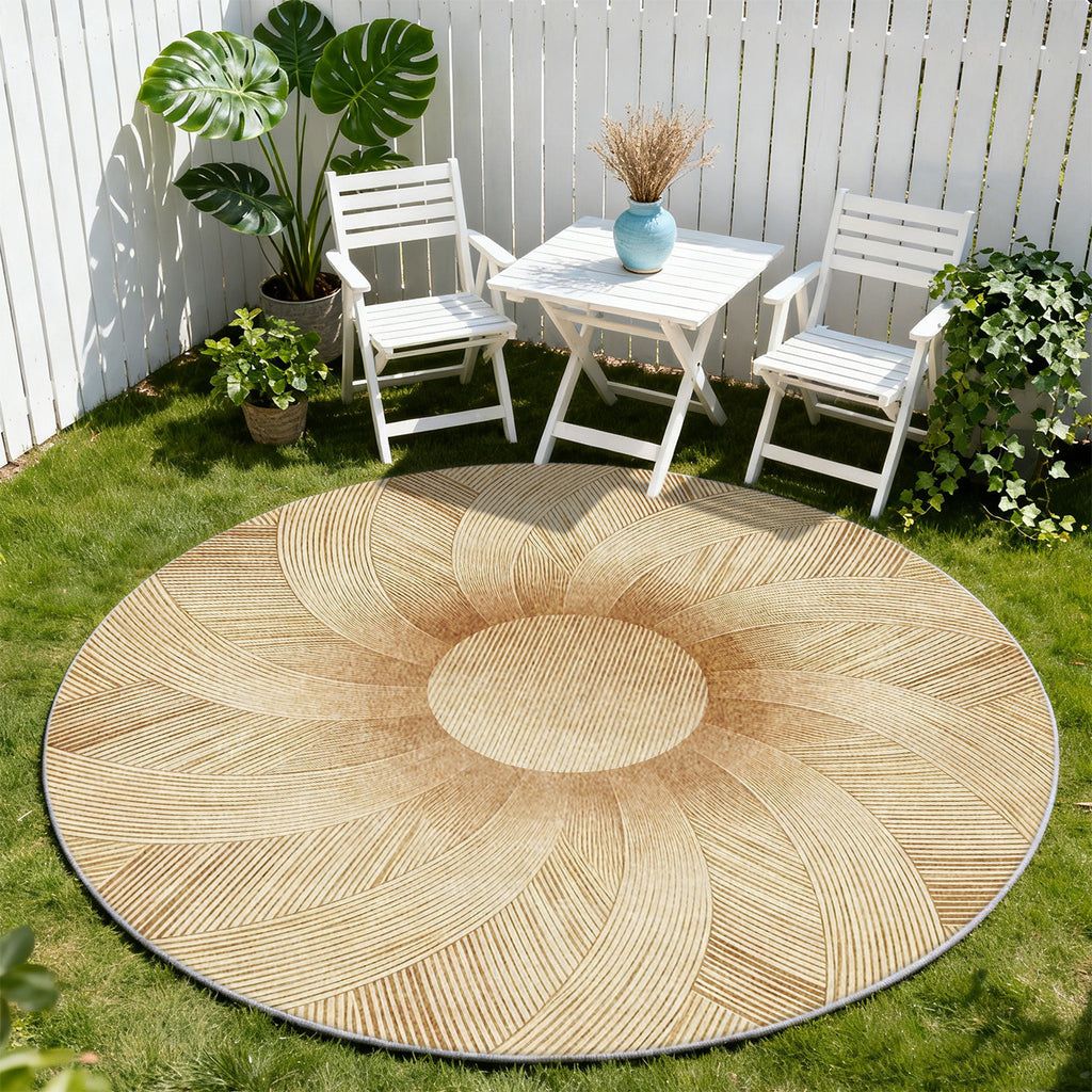 Tapis rond beige et doré à douze grands pétales rayonnants
