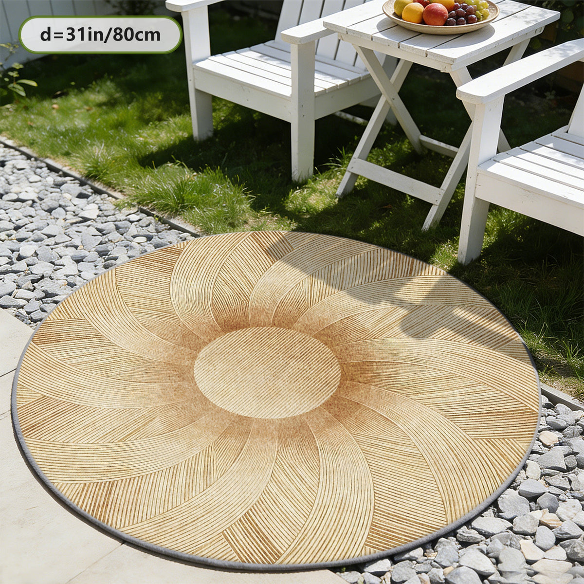 Tapis rond beige et doré à douze grands pétales rayonnants